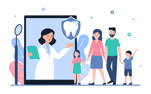 Friendly dentist communicating with a family at Happy Light Dental office
