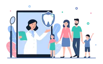 Friendly dentist communicating with a family at Happy Light Dental office